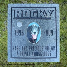 All who see Rocky's headstone will know that he was a Rare and Precious Friend, A prince among dogs and he will not be forgotten. All who see Rocky's headstone will know that he was a Rare and Precious Friend, A prince among dogs and he will not be forgotten.