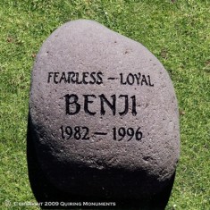 This river rock memorial to Benji says it all fearless and loyal. His memory lives on! This river rock memorial to Benji says it all fearless and loyal. His memory lives on!